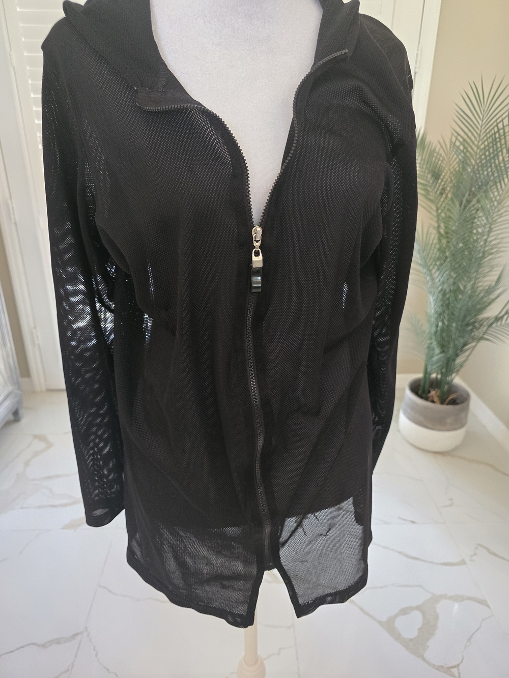 Black Women's Mesh Zip-Front Swim Coverup Hoodie